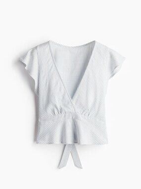 Blue Stripe Wrap Linen Blend Crop Blouse
